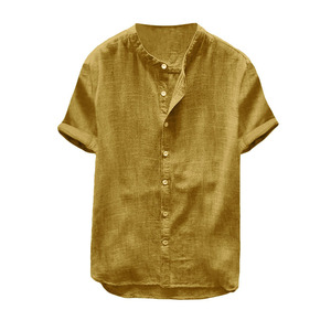 Venta al por mayor de <span class=keywords><strong>manga</strong></span> <span class=keywords><strong>corta</strong></span> de los hombres <span class=keywords><strong>Casual</strong></span> Camisa de lino y algodón soporte Anti-Shrink Plain Dyed verano transpirable ropa OEM servicio - Product Image 6