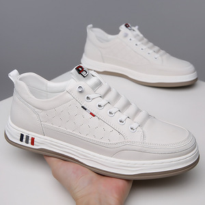 Men's White <b>Sneakers</b> <b>Leather</b> Low Heel Breathable Office Casual Shoes - Product Image 2