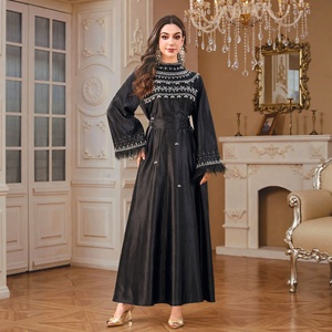 Abaya Brillante <span class=keywords><strong>de</strong></span> Satén Hecha a Mano con Pedrería para Mujer, Decoración <span class=keywords><strong>de</strong></span> Plumas en los Puños, Manga Larga Holgada, Vestido Maxi <span class=keywords><strong>de</strong></span> Lujo para Fiesta Musulmana - Product Image 1