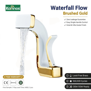 Robinet de salle de bain de luxe en or blanc, mitigeur de lavabo en laiton à levier unique avec débit cascade et poignée incurvée contemporaine, pour projets hôteliers et villas - Product Image 1