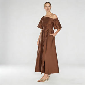 <span class=keywords><strong>Vestido</strong></span> Maxi Casual <span class=keywords><strong>de</strong></span> Algodón Marrón con un Hombro Descubierto y Bolsillos para Mujer, Estilo Línea A, Ideal para Verano, Playa, Vacaciones y Fiestas, OEM ODM Personalizado - Product Image 3