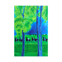 Tableau mural minimaliste village côtier bleu canard impasto fait main déco maison hôtel villa