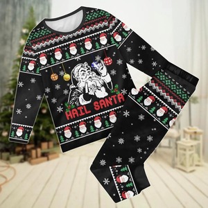 Ensemble de pyjamas personnalisés Noël « Hail Santa » style rock noir, tenues assorties pour la famille, supporte le dropshipping 1 pièce POD, conception gratuite - Product Image 4