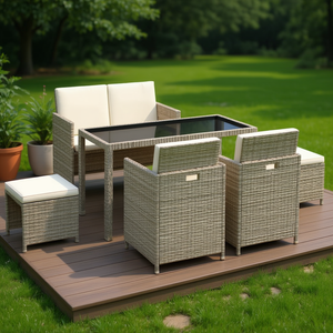 Ensemble de jardin en rotin beige crème 6 places, mobilier de patio extérieur résistant aux intempéries, design contemporain - Product Image 2