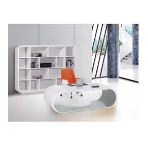 B07 Modern Minimalist Round Cut-Out Desk In Pure White Shiny Office Desk With Stylish Cut-Out Design