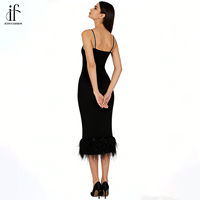 Robe de soirée mi-longue noire à col en V sans manches avec garniture en plumes pour femme, idéale pour les vacances et les soirées d'été – Collection Boutique de Mode