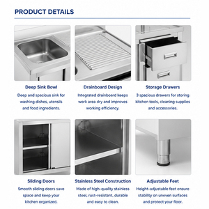 Évier de cuisine professionnel robuste à cuve unique en acier inoxydable avec armoire, tiroirs et égouttoir pour hôtel - Product Image 2