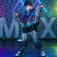 Costume de danse hip-hop pour enfants, bleu et violet, pailleté, tenue de scène de jazz, veste bomber brillante, ensemble de jogging