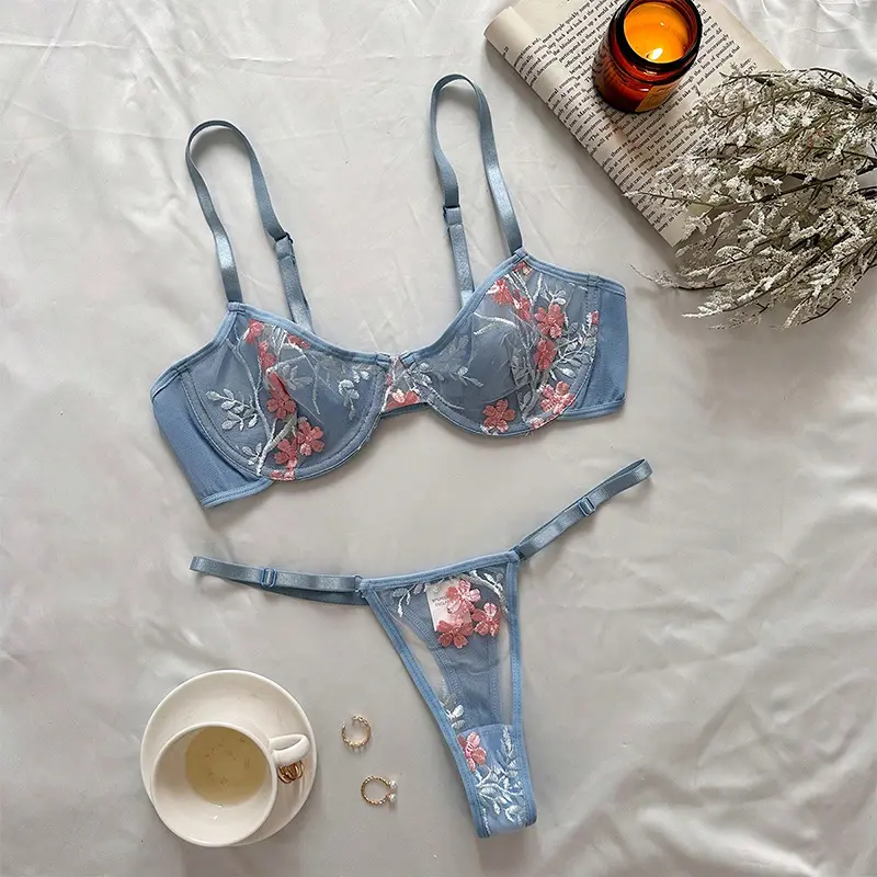 Neue Mode Himmelblau erotische Spitze zeigt Nippel Blumennetz bestickt Unterwäsche Dessous-Set