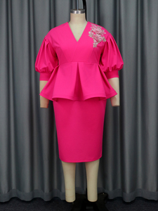 Puffärmel Büro-Damenkleidung Applikation <span class=keywords><strong>Peplum</strong></span>-Tops Karriere-Bleistiftkleid - Product Image 3