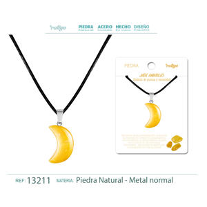 Pendentif religieux chrétien fait main en forme de lune, en pierre de jade jaune, avec or blanc, or rose, cristal, diamant, coquille, perle dorée - Product Image 1