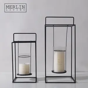 Современные Геометрические прямоугольные подсвечники Merlin, портативный подсвечник с железной подставкой, набор для домашнего декора, стеклянная банка для свечей
