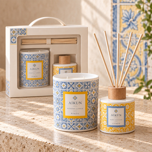 Aikun Blue Yellow Geometric Tile Ceramic Home Fragrance Gift Set with Scented Candle Reed Diffuser Carry Handle <b>Window</b> Box - Product Image 1