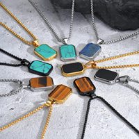 Collier Pendentif Rectangulaire Géométrique en Acier Inoxydable 316L, Turquoise, Œil de Tigre, Lapis Lazuli, Design Tendance pour Hommes - Vente en Gros