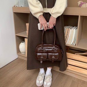 Korean Retro Bowling Handbag Brown Women's Zipper Closure Horizontal <b>Square</b> Everyday Outfits Stylish Commuter Bag - Product Image 4