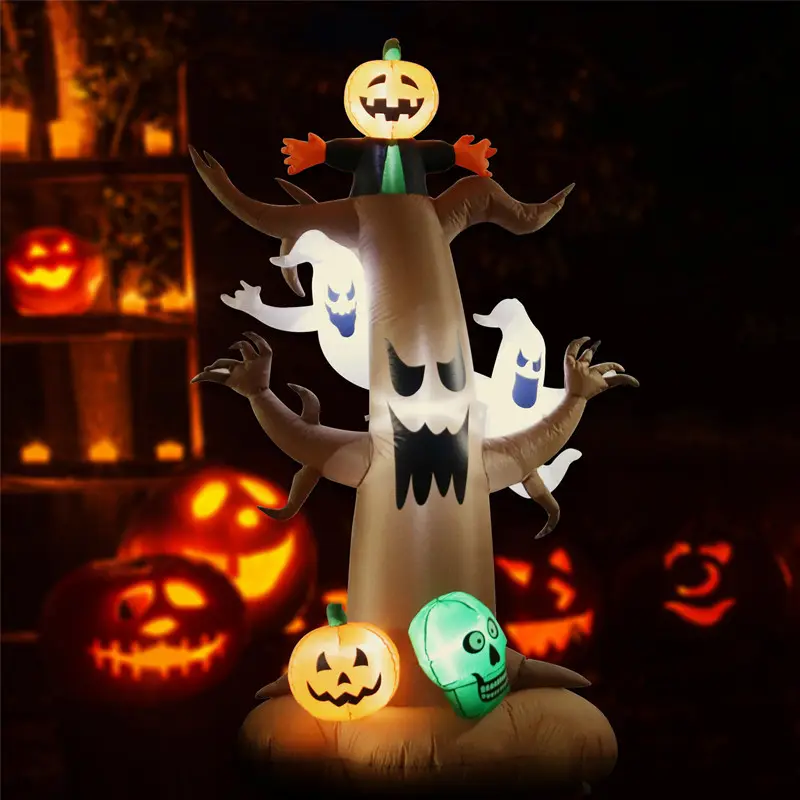 Produttore Halloween 8ft zucca gonfiabile in poliestere fantasma bianco luci a LED albero festa all'aperto decorazione di Halloween