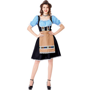 Dirndl Dress Blue Checkered Apron Hat Set Women's Beer Festival Costume M-XL Spring 2025 - Product Image 2