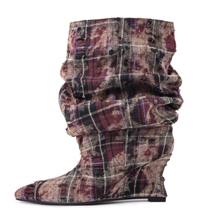 Bottines à talons compensés pointus en tissu pour femme, avec empeigne plissée à carreaux mélangés, talon haut, grande taille 45 - Product Image 1