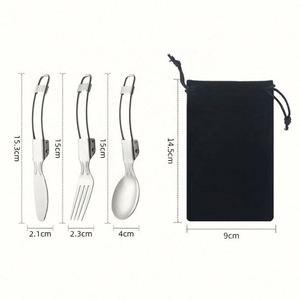Ensemble de couverts de voyage pliables en acier inoxydable 304 avec logo personnalisé, finition miroir, cuillère, fourchette, couteau, avec pochette de rangement - Product Image 2