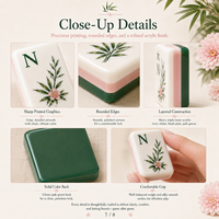 Tuiles de Mahjong américaines en acrylique triple couche, motif feuille de bambou, dos vert jade, motifs botaniques roses, toucher lisse