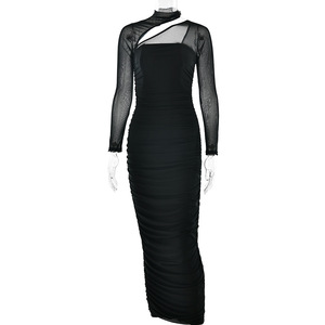 Robe de soirée dos nu en maille à manches longues pour femme, style européen et américain, taille naturelle, coupe ajustée, plissée, avec superposition transparente - Product Image 5