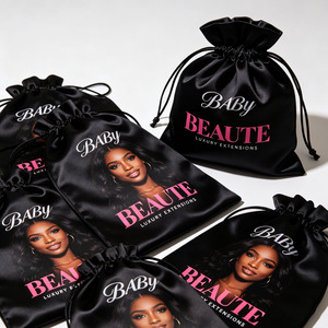 Custom Logo Luxury Black Satin Hair <b>Bag</b> Silk Drawstring Packaging Pouch For Wigs Hair Bundles Salon Supplies - Product Image 1