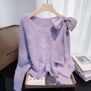 Suéter de punto con lazo de satén y hombros descubiertos para mujer - Top de punto brillante de corte holgado a la moda - Product Image 4