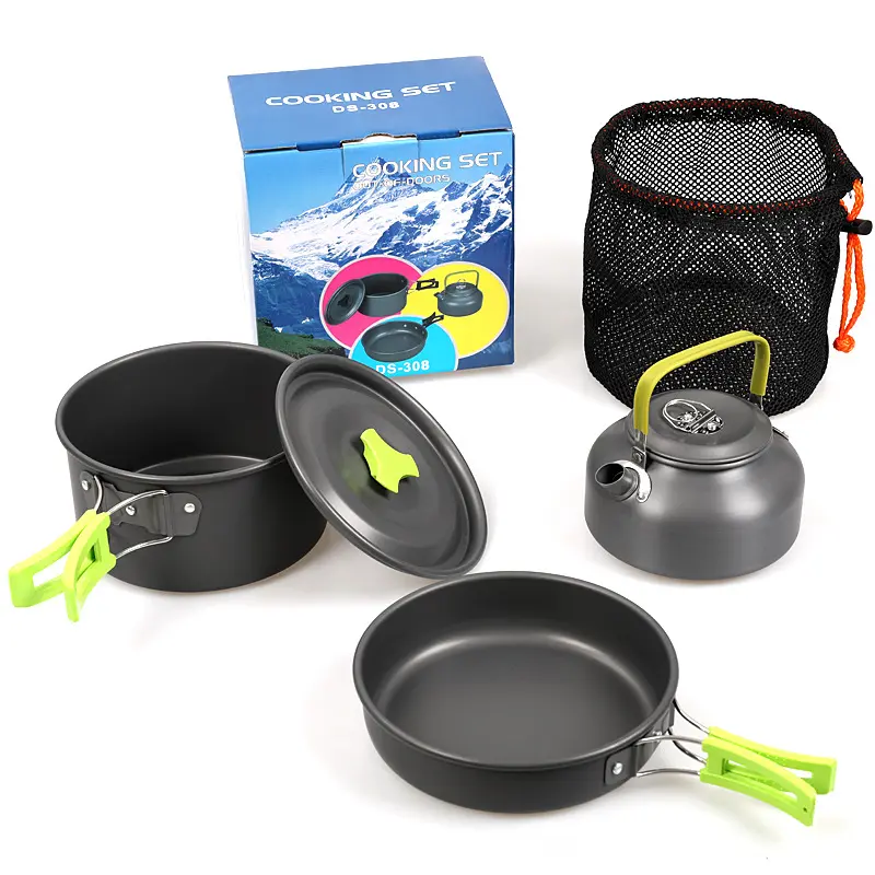 Портативный набор посуды для кемпинга из сплава, большая кастрюля для пикника, сковорода, чайник для воды, набор с сумкой DS308