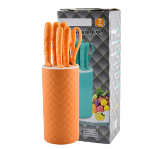 Vente en gros d'usine, ensemble de couteaux de cuisine 7 en 1, couteaux en acier inoxydable, support de rangement pour couteaux en forme de cylindre, plusieurs couleurs disponibles - Product Image 1
