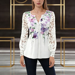 Women's Elegant <b>Butterfly</b> Lace Crocheted <b>Sleeve</b> Casual Office <b>Top</b> Bigsize Long V-Neck Mid-Length Button <b>Top</b> Sweet for lady - Product Image 1