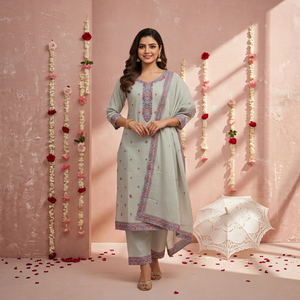 <b>Women</b> Traditional Cotton <b>Kurta</b> Pant Dupatta Set Light Blue Embroidered Regular Fit Ankle-Length Casual Wear India Pakistan Style - Product Image 1
