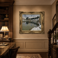 Pintura al Óleo de Lago de Montaña Invernal, Bosque Nevado con Reflejos, Arte de Pared de Paisaje Vintage, Marco de Madera, Tamaño Personalizado para Hotel