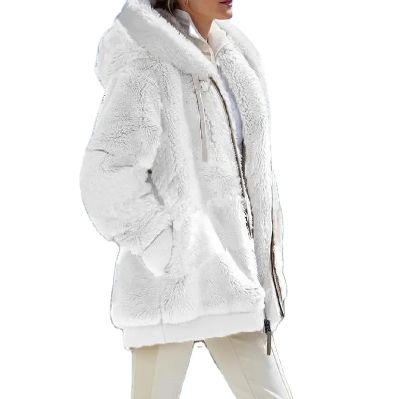 2023秋冬女性ウォームコートファッションぬいぐるみジッパーポケットフード付きアウタートップSから5xlプラスサイズの女性用ジャケット