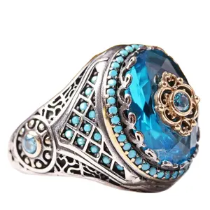 Vintage Turkish Style Crystal Jewelry Classic Men Real Antique Silver Plated Arabic Man Clear Crystal Rings