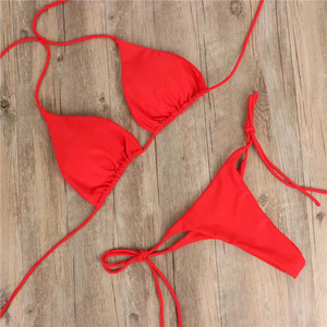 Conjunto de Bikini de Color Sólido con Cuello Halter, Traje de Baño Triangular con Cordones, Micro Tanga Push-Up, Ropa de Playa, Lencería Sexy - Product Image 5