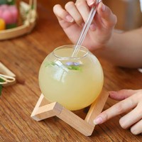 Tasses en verre résistantes à la chaleur, design unique en forme de lune, transparentes, fabriquées à la main, sans BPA, compatibles micro-ondes et lave-vaisselle, durables, avec base en bois