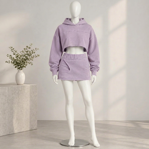 Women's <b>Purple</b> Cropped Hoodie and Skinny Mini Skirt Two-Piece Fleece Tracksuit Set Casual Washed - Product Image 1