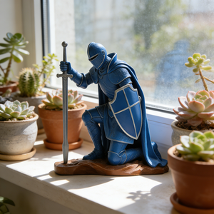 Statue de guerrier artisanale pour décoration de bureau à domicile vintage, pose à un genou avec épée et bouclier, pour présentoir de bibliothèque - Product Image 3