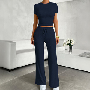 Traje informal para mujer, top corto de cuello redondo de color liso con pantalones con cordón, tallas S, M, L, XL, XXL, estilo europeo y americano - Product Image 4