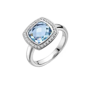 Promise Marriage Jewelry For Women Sterling 925 Silver Bezel Set Rose Cut Synthetic Halo Aquamarine Stone Engagement Ring