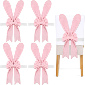 4 housses de dossier de chaise en peluche extensibles amovibles avec oreilles de lapin roses mignonnes et nœud, pour la table à manger à la maison - Product Image 1