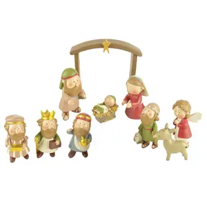 Mini Christmas Nativity Set - 9 Piece Set includes Manger and 8 Figurines - Kids Decoration - Resin Material