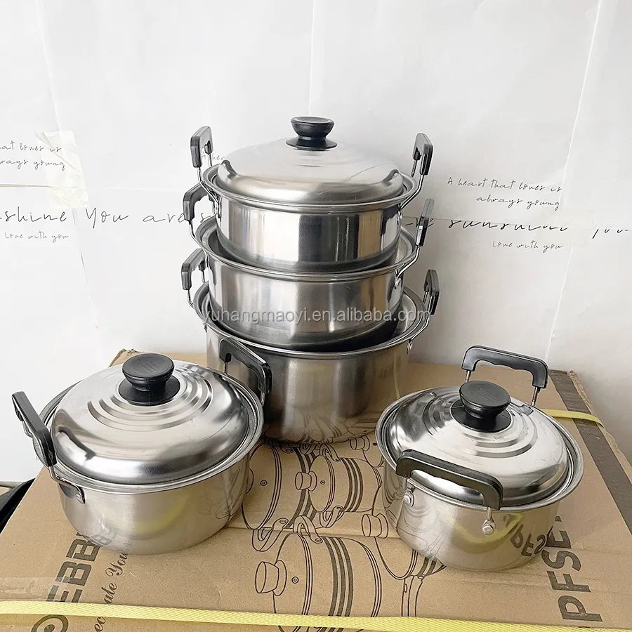 American 16-24cm High Grade Stainless Steel Deep Thickened Soup Pot Uncoated Cooking Pot 10PCS Cookware Set With Bakelite Handle