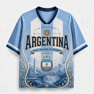 Maglietta da Calcio Argentina La Albiceleste 3 Stelle, Maglia a Righe Celeste e Bianca con Sole di Maggio, Paesaggi Argentini ed Es - Product Image 1