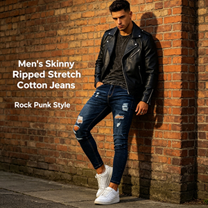 Jeans ajustados rasgados para hombre, pantalones de mezclilla azules, estilo rockero, streetwear, elásticos, casuales, urbanos - Product Image 2