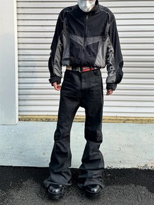 Unisex <strong>Bootcut</strong> Waxed Coated Jeans Black Crease Textured Wide Feet Mid Waist Patchwork Flared Jeans Denim <strong>Trousers</strong> for <strong>Men</strong> Women - Product Image 2