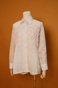 Elegante Blusa de Gasa para Mujer con Bordado de Volantes, Manga Larga, Cuello Camisero, Primavera Verano, Color Sólido, Top Transparente - Product Image 2