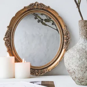 Marco de espejo de tocador para decoración de pared, de metal antiguo, redondo, vintage, dorado