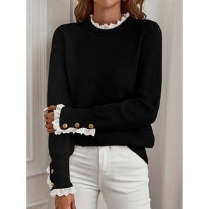 Suéter con Ribete de Encaje Gris Oscuro, Prenda de Punto para Mujer - Product Image 4