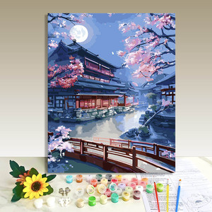 <b>Paint</b> By Numbers Canvas Art Kit Japanese Landscape Moonlight Cherry Blossom Scene Digital Printing Rectangle DIY Painting <b>Set</b> - Product Image 1